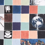 A colorful mosaic of squares including earthy art themes like a globe, earrings, paintings and nature.