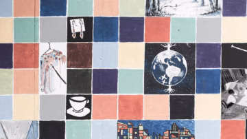 A colorful mosaic of squares including earthy art themes like a globe, earrings, paintings and nature.