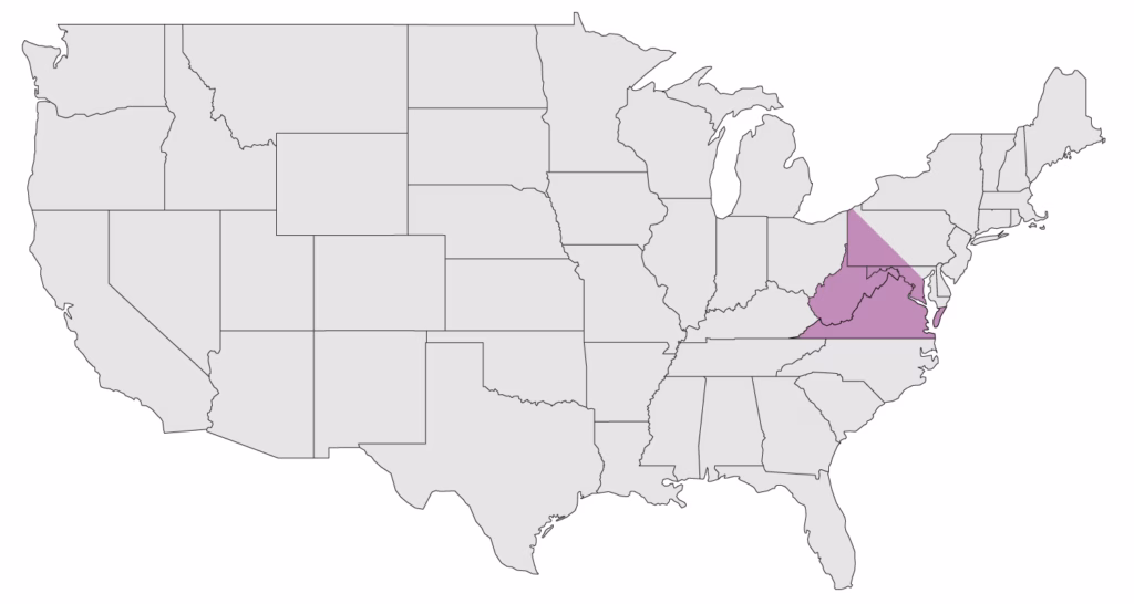 Map of the United States showing coverage of the Allegheny Regional Conference. It includes Maryland, central and western Pennsylvania, Virginia, and West Virginia.