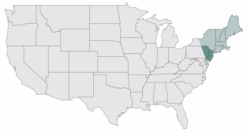 Map of the United States showing coverage of the Atlantic Regional Conference. It includes Delaware, New Jersey, and central and eastern Pennsylvania.