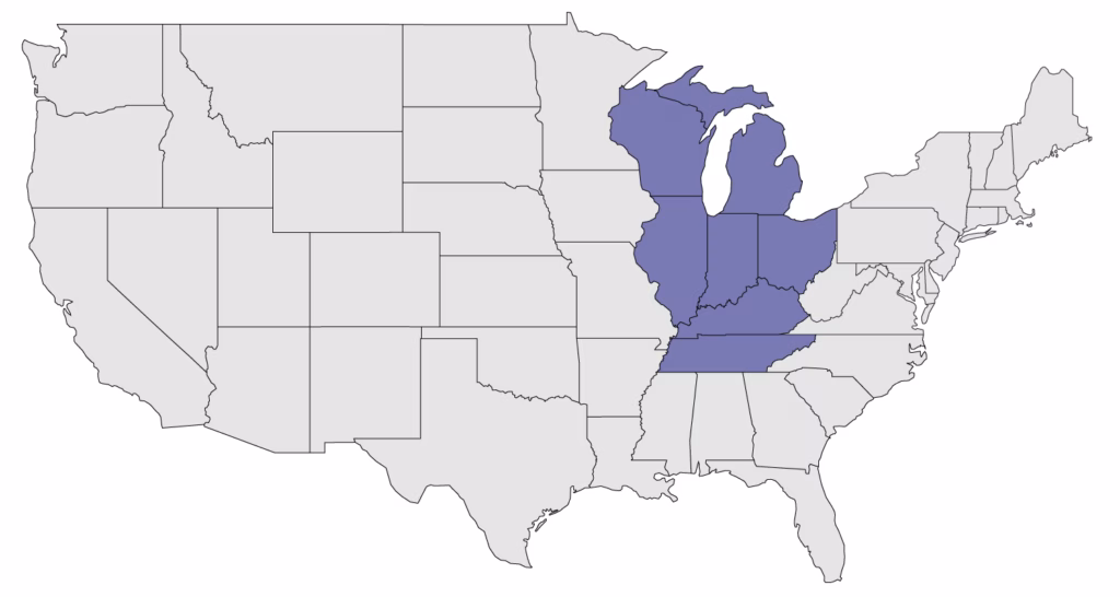 Map of the United States showing coverage of the Great Lakes Regional Conference. It includes Illinois, Indiana, Kentucky, Michigan, Ohio, Tennessee, and Wisconsin.
