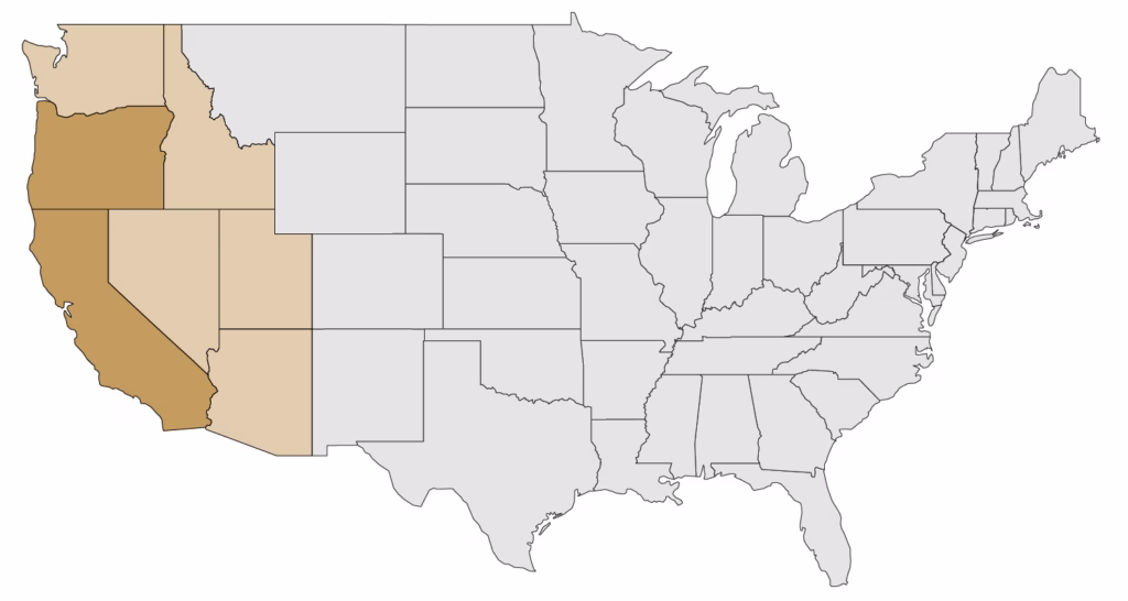Map of the United States showing coverage of the Pacific Regional Conference. It includes California and Oregon.