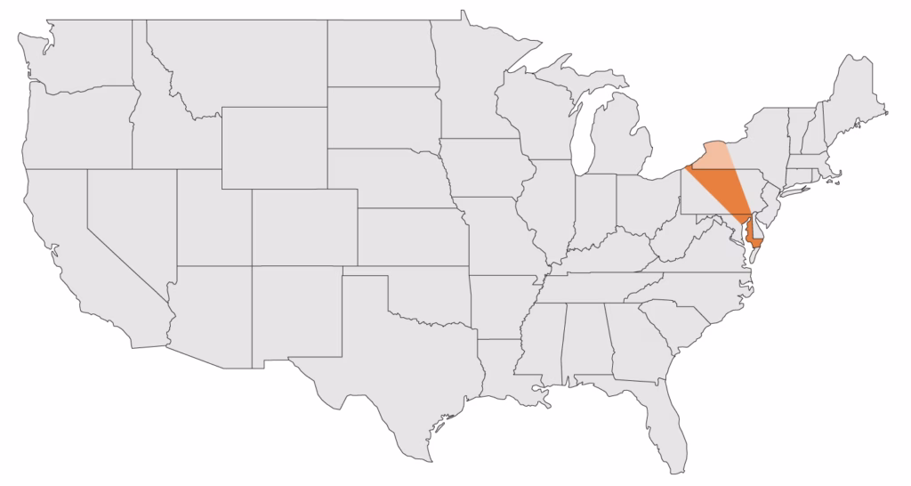 Map of the United States showing coverage of the Susquehanna Regional Conference. It includes eastern Maryland and central Pennsylvania.